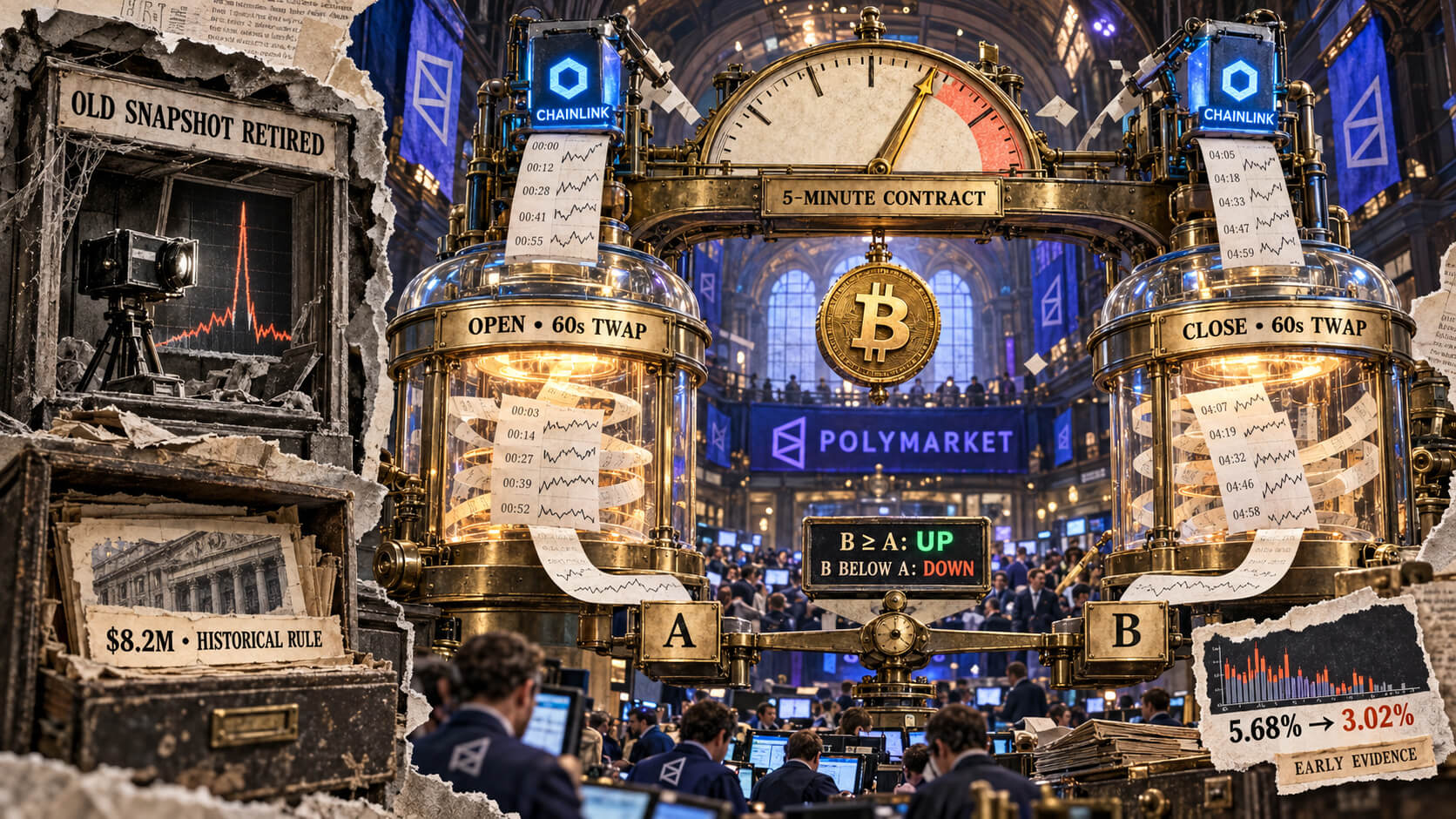 Editorial collage showing Polymarket’s five-minute Bitcoin contract using separate Chainlink opening and closing 60-second TWAP chambers, with the old snapshot rule retired.