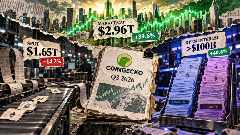 Editorial collage showing crypto market cap reaching $2.96 trillion as spot turnover falls and perpetual open interest exceeds $100 billion.