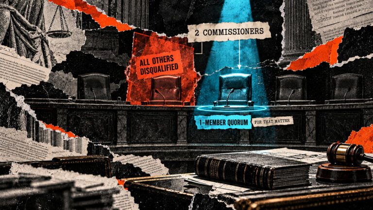 Editorial collage of a five-seat commission chamber showing one eligible member forming a quorum after all other sitting members are disqualified.