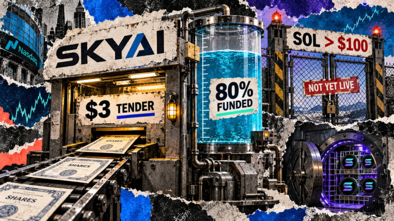 Editorial collage showing SkyAI’s proposed $3 tender offer as 80% funded, with completion gated by SOL remaining above $100.