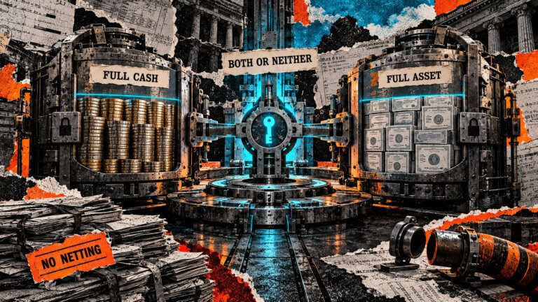 Editorial collage of fully funded cash and asset escrows locked for atomic settlement, with both legs moving together and no netting.