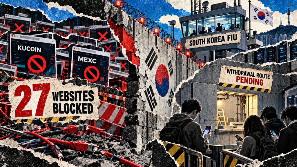 Editorial collage showing South Korea blocking 27 crypto websites, including KuCoin and MEXC, as customers await a pending withdrawal route.