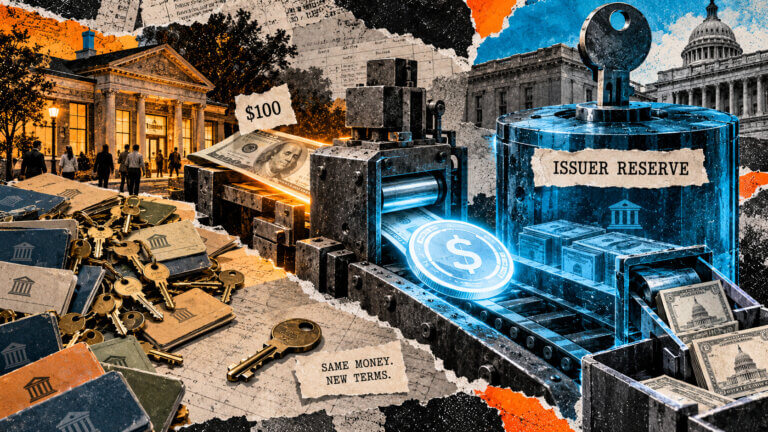 Editorial collage showing a $100 bank deposit transformed into a stablecoin and consolidated into an issuer-controlled reserve.