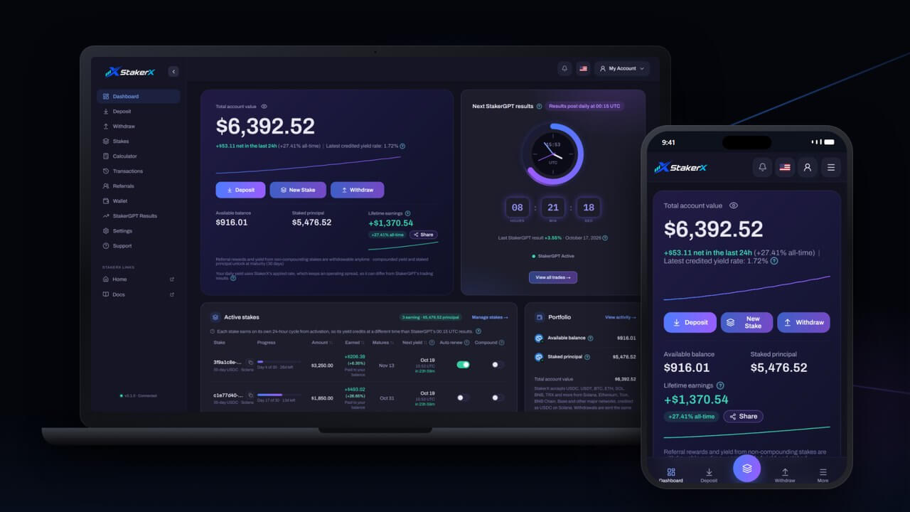 StakerX dashboard on desktop and mobile