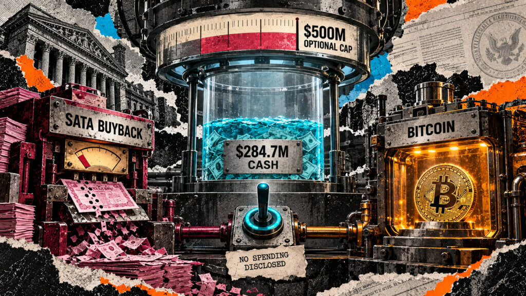 Editorial collage showing Strive’s $284.7 million cash pool between an optional $500 million SATA buyback and further Bitcoin purchases.
