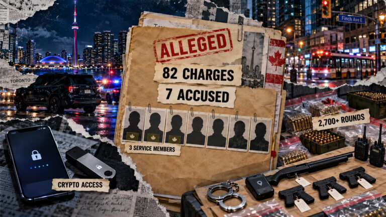 Editorial collage showing Toronto’s skyline, seven accused silhouettes, a locked crypto device and police evidence including firearms and 2,700-plus rounds.