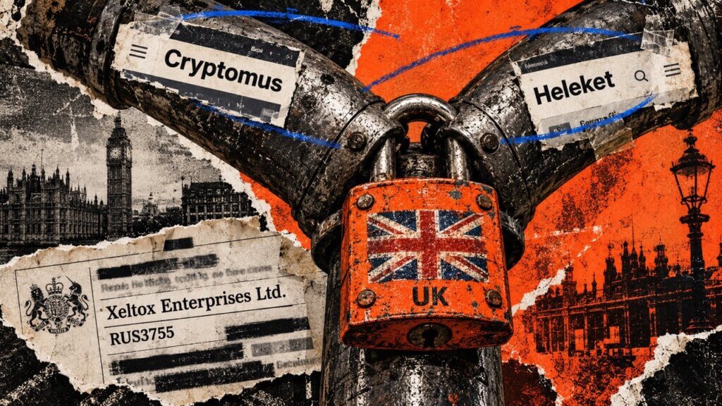 Editorial collage of pipes labeled Cryptomus and Heleket joining under a UK padlock, beside a sanctions notice naming Xeltox Enterprises Ltd.
