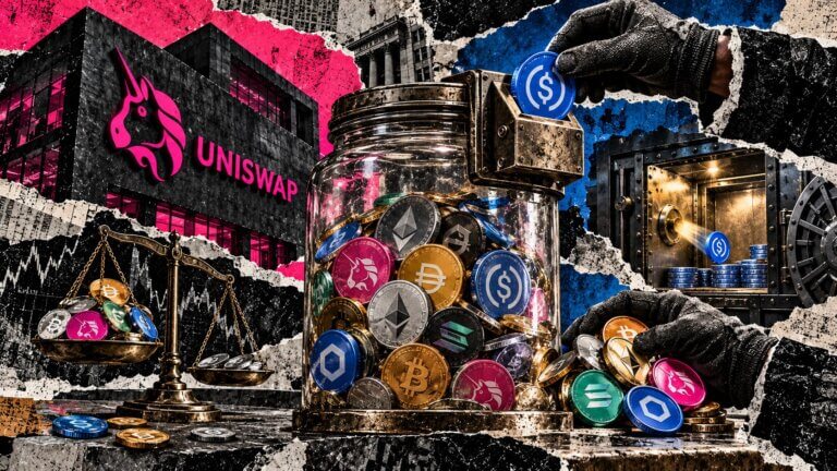 Editorial collage of Uniswap’s Token Jar exchanging a fixed USDC payment for selected accumulated fee tokens.