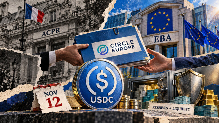 Editorial collage showing Circle Europe handing a USDC dossier from France’s ACPR to the EBA, with a Nov. 12 date and reserve assets.