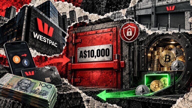 Editorial collage of Westpac’s A$10,000 crypto deposit barrier, with exchange withdrawals remaining open.