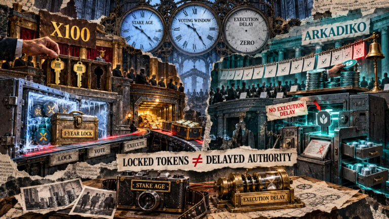 Editorial collage contrasting X100’s immediate governance power despite a one-year token lock with Arkadiko’s late vote and zero execution delay.